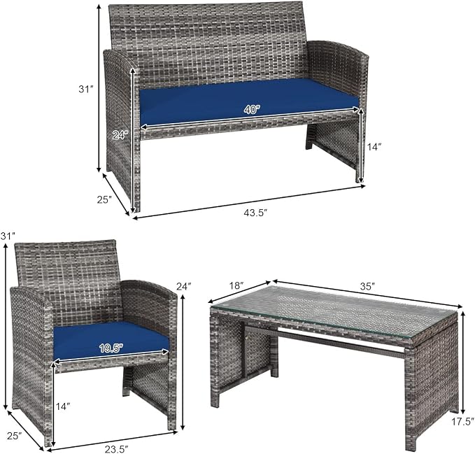 Tangkula 4 PCS Wicker Patio Conversation Set, Outdoor Rattan Sofas with Table Set, Patio Furniture Set with Soft Cushions & Tempered Glass Coffee Table for Poolside Balcony
