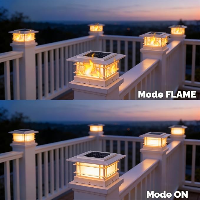 Dynaming 2 Pack Solar Post Cap Lights Outdoor with Flickering Flame Light, White Shell Fence Post Solar Lights Fit 4x4 5x5 Vinyl/Wooden Posts, Brightness LED Lighting Decor for Garden Deck Patio