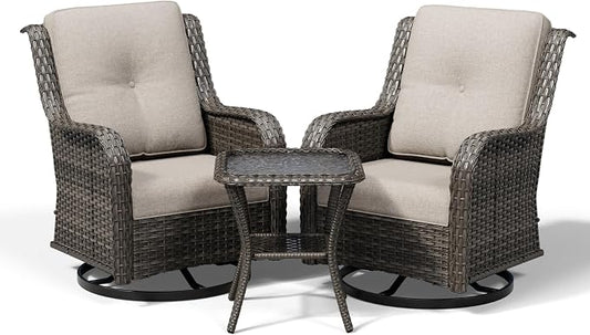 Joyside 3 Piece Wicker Patio Furniture Set, Outdoor Swivel Rocker Patio Chairs with High Back, Deep Seating, Wide Armrest, Thickened Cushions, Outdoor Furniture for Deck, Porch Use