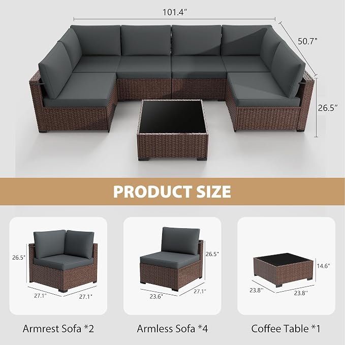 KIGOTY 7-Piece Patio Furniture Set, All-Weather PE Rattan Outdoor Sectional Sofa, Modular Wicker Conversation Set with Thick Cushions & Easy-Clean Coffee Table（Brown/Dark Grey）