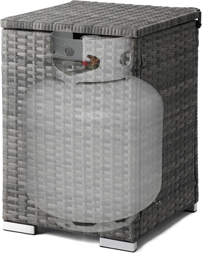 22.4in Outdoor Rattan Side Tables,Iron Frame Gas Bottle Storage Bin,Waterproof Patio Coffee Side Tables,All-Weather PE Wicker End Table,with Lid,for Garden Porch Poolside Deck Backyard (Gray)