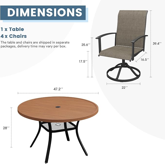 DIFY 5 Pieces Outdoor Dining Set for 4, 47.2" Walnut Round Metal Table with Umbrella Hole and Brown Textilene Swivel Patio Chairs, Patio Table and Chairs Set for Garden, Backyard, Poolside