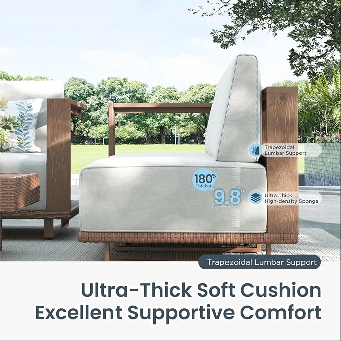 PHI VILLA HDPE Patio Furniture Set, 6 Pieces Sectional Outdoor Conversation Sets with 9.8" Thick Beige Cushions, L Shaped Modular Wicker Rattan Patio Sofa Couch for Garden, Backyard(Beige)