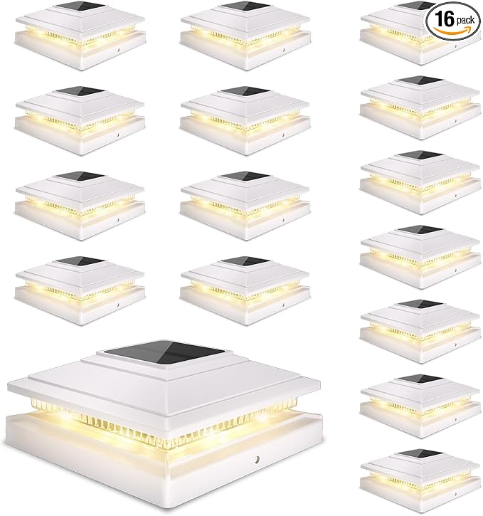 Solar Post Cap Lights Outdoor 16pack, Waterproof Fence Post Solar Lights for 4x4 5x5 6x6 Wood/Vinyl Posts, White Deck Post Lights with 2 Color Modes Decorate Garden Patio Porch Backyard