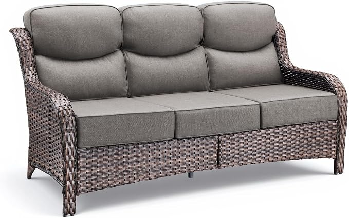 Luxury Outdoor Patio Furniture Set-Wicker High Backrest 3-Seat Patio Sofa with Comfy 6" Cushion, Rattan Couch with Deep Seat All-Weather Patio Conversation Set for Deck Backyard Garden(Brown/Gray)