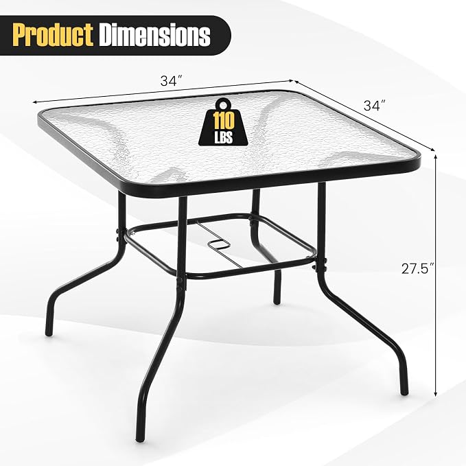 Giantex 34 Inch Outdoor Dining Table, Square Tempered Glass Table w/ 1.5” Umbrella Hole, Rustproof Metal Frame, Patio Dining Table for Balcony, Porch, Garden