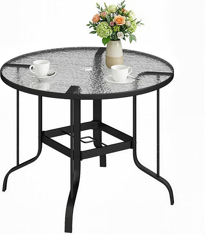 Outsunny 38" Round Patio Table with Umbrella Hole, Outdoor Dining Table Tempered Glass Metal Frame Bistro Table, for Deck, Yard, Balcony, Lawn, Pool, Black