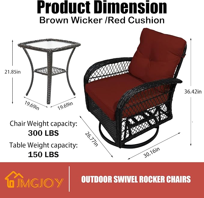 3 Piece Outdoor Swivel Rocker Patio Chairs, All-Weather Rattan Chair, Wicker Glider Patio Furniture Set with Side Table, for Garden, Backyard, Deck, Red