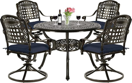 VIVIJASON 5-Piece Outdoor Patio Dining Set, All-Weather Cast Aluminum Conversation Set, Patio Furniture Set for Backyard, Include 4 Swivel Chairs, 38.5" Round Table w/Umbrella Hole, Navy Blue Cushion
