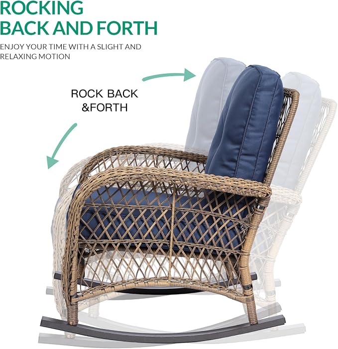 VIVIJASON 5-Piece Outdoor Patio Wicker Conversation Sets, All Weather Outdoor Rattan Furniture Set Includes Glider Loveseat, 2 Coffee Table, 2 Rocking Chairs with Cushions for Backyard, Navy Blue