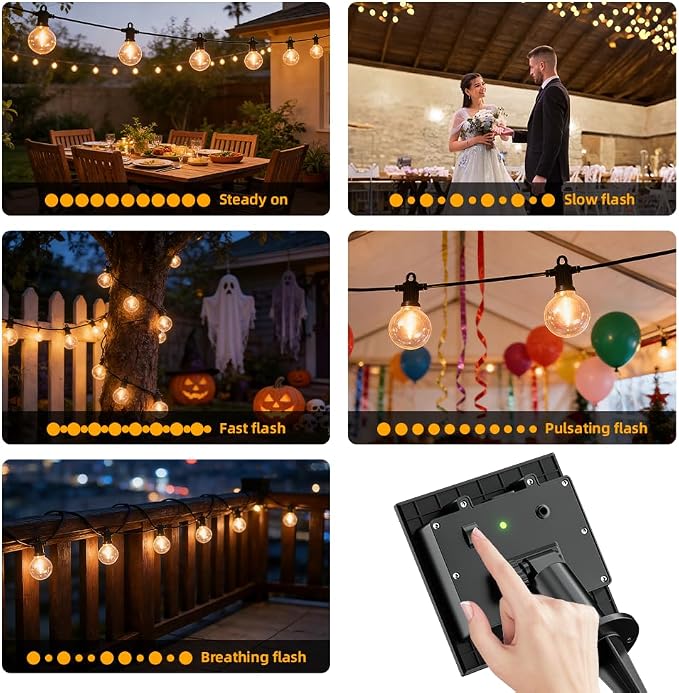 31FT Solar String Lights Outdoor Waterproof IP65 with USB-Charging , Solar Powered LED Patio Lights with 15+1 Shatterproof G40 Globe Bulbs, Hanging Lights for Outside Backyard Garden Bistro Gazebo