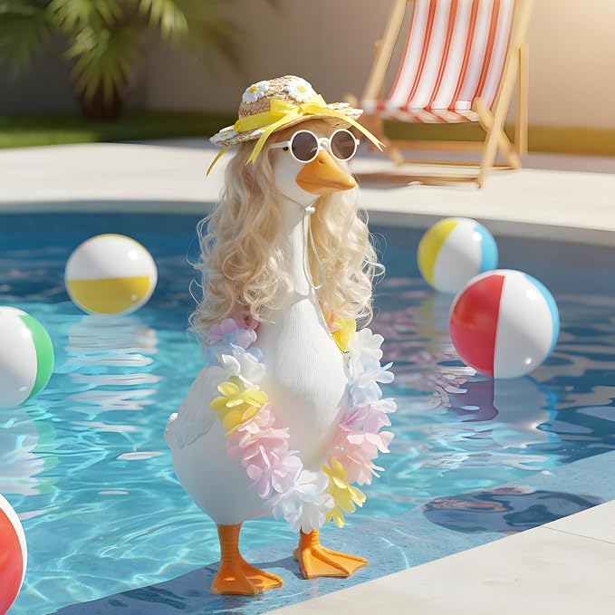 Funny 4Pcs Hawaiian Porch Goose Outfits Set, Colorful Floral Lei, Straw Hat with Bow, Sunglasses & Blonde Wig, Summer Lawn Goose Costume for 17"/23" Statue, Outdoor Patio Garden Decoration(Blonde)