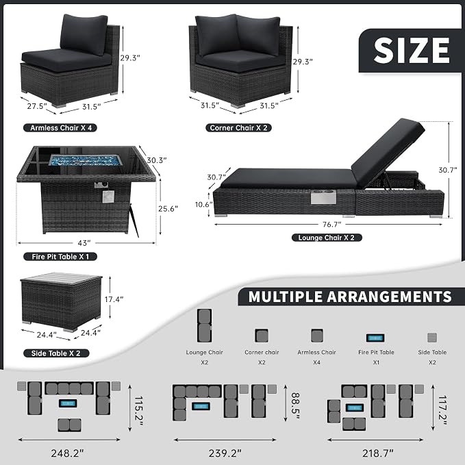 BULEXYARD 11 Piece Large High Back Outdoor Patio Furniture Sets with Firepit and Loungers, Comfortable Extra Deep Wide Seating Sectional Conversation Couch Backyard Sitting Sets Modular, Dark Gray