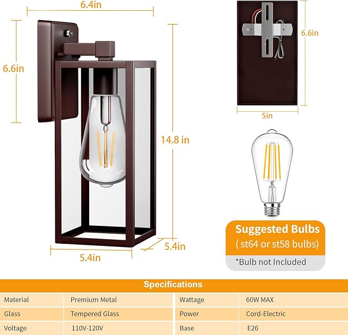 15'' Oil Rubbed Bronze Dusk to Dawn Outdoor Porch Lighting Fixtures Wall Mount, Sensor Exterior Wall Light for House, Ouside Lantern Lamp, Waterproof Wall Sconce Lights, Coach Light for Garage