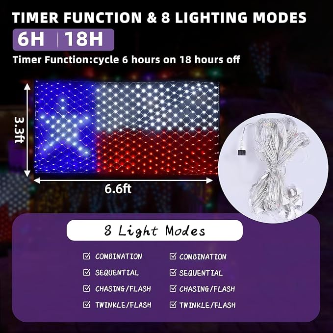 Texas Flag Net Lights Outdoor 3.3x6.6 FT - 384 LED Patriotic American Flag Decor with 8 Modes, Waterproof for 4th of July, Christmas, Yard, Porch, Parties