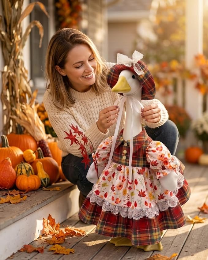 Fall Porch Goose Outfits, 23 Inch Geese Dress with Hat & Maple Leaf | Porch goose thanksgiving outfits for cement goose. Autumn yard decor clothes, thoughtful gift for mom grandma.