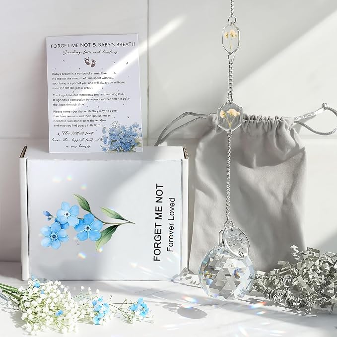 Miscarriage Memorial Suncatcher Gifts for Mothers Dad, Handmade Forget Me Not Baby's Breath Pressed Flower Miscarriage Ornament, Bereavement Remembrance Gift for Loss of Baby (White)