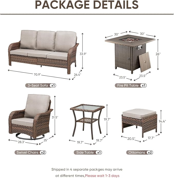 Patio Furniture Set - 7 Pieces All Weather Wicker Outdoor Furniture with 2 Swivel Chairs, 2 Ottomans, 1 Sofa, Side Table and Fire Pit Table, Ergonomic Design for Porch, Deck, and Backyard(Beige)