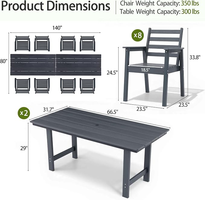 10-Piece Outdoor Dining Set, All-Weather HDPE Patio Furniture, Two 66.5" Slatted Table with 1.6" Umbrella Hole & 8 Ergonomic Armchairs, Heavy Duty 350lbs Capacity, UV Resistant, Gray