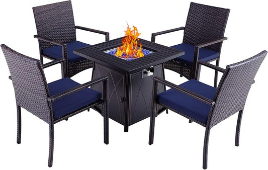 Sophia & William Outdoor 5 Pieces Dining Set with 1 Square Gas Fire Pit Table and 4 PE Rattan Chairs, Modern 2 in 1 50000 BTU Patio Propane Firepits Table Auto-ignition Black 28.4"L x 28.4"Wx 24.8"H
