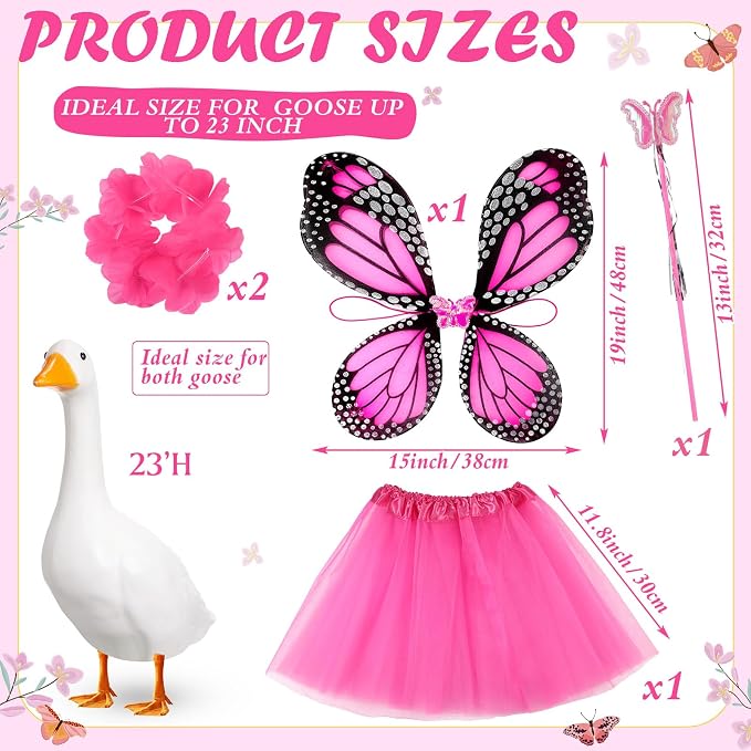 5pcs Butterfly Porch Goose Outfit Costume Tutu Skirt Butterfly Wing Wand Flower Crown for 17‘' 23‘' Cement Goose