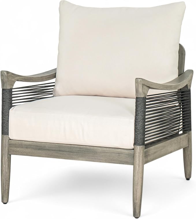 Merax Set of 2 Acacia Wood Patio Club Chairs with Cushions | Grey Acacia Frames, Dark Grey Woven Rope, 6-Inch Seat Cushions And Deep Seating For Porch, Garden, Backyard Or Balcony