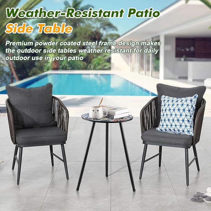 1 Pack Metal Outdoor Side Table Small Outside Round End Table for Patio Modern Accent Garden Corner Table for Small Spaces, Balcony, Porch, Weather-Resistant, Plant Stand Indoor, Mixed Mosaic