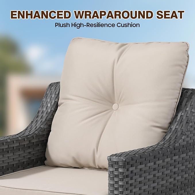 6 Piece Patio Furniture Set With Fire Pit ,360°Swivel Patio Chairs Set of 2,Outdoor 2 Sofas,Side Table,Cozy 60,000 BTU Square Fire Pit Table, All-Weather Wicker Patio Set With 6 Inch Thick Cushions