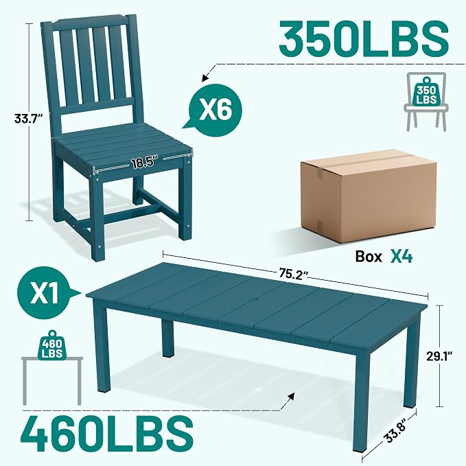 PLUUV Outdoor Dining Set for 8 Person, HDPE Large Table with Aluminum Legs and 8 Armless Chairs, All-Weather Patio Dining Furniture Set with Umbrella Hole for Backyard, Garden, Navy Blue