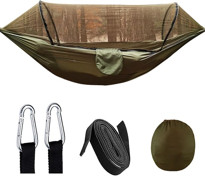 Heavy Duty Hammock with Mosquito Net–Canvas Hammock, Fade-Resistant Cotton Lounger, Roll-Free Comfort Design, Easy Setup for Backyard, Porch, Garden, Camping, Travel (Army Green)