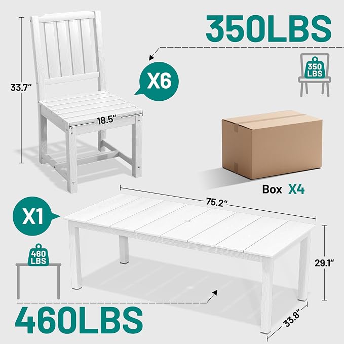 PLUUV Outdoor Dining Set for 8 Person, HDPE Large Table with Aluminum Legs and 8 Armless Chairs, All-Weather Patio Dining Furniture Set with Umbrella Hole for Backyard, Garden, White