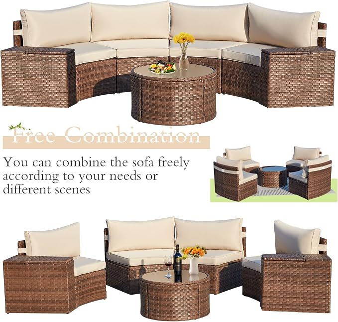 ECOTOUGE 7 Piece Patio Furniture Sets, Half-Moon Circle Conversation Set, Curved Wicker Outdoor Sectional with 2 Storage Armrests and Glass Coffee Table, Garden Balcony and Backyard (Beige)