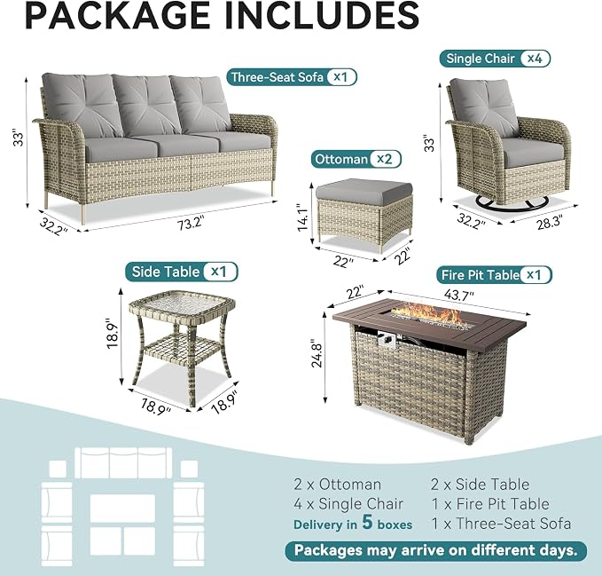 LazySunsets 12 Piece Outdoor Patio Furniture Set with 44'' Fire Pit Table, Wicker Rattan Outdoor Furniture with High Back Swivel Rocker Chairs, Outdoor Sofa Set with Thick Cushions & Ottoman, Grey