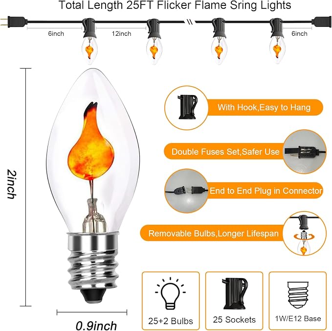 C7 Christmas Flicker Flame String Lights, 25Ft C7 Outdoor Christmas Decorations String Lights with Clear Flicker Flame Bulbs, Hanging Patio Lights for Christmas Halloween Party Garden Porch-Black