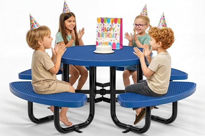 Round Metal Picnic Tables for Kids for Outdoors with Umbrella Hole, Adjustable Seats for School, Park, Playground(Blue, 38 in, Kids, Expanded Steel)