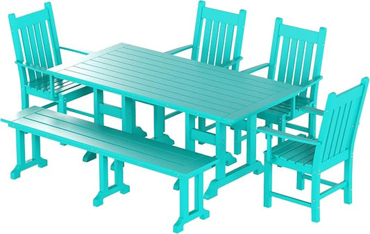 WO Home Furniture Adirondack Patio Dining Chair Table Bench Set of 6 PCS Rectangle Dinner Table Dining Arm-Chairs (Turquoise)