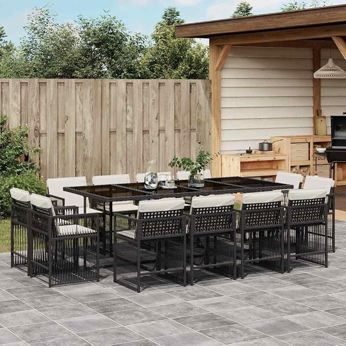 13 Piece Patio Dining Set, 12 Person Outdoor Rattan Furniture Set with Large Tempered Glass Table and Cushioned Chairs for Backyard Garden Deck, Black and Cream White