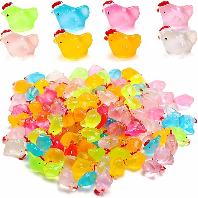 160 Pcs Luminous Mini Chicken, Glow in Dark Figurines - Resin Miniature Animals in 8 Colors for DIY Project, Garden, Dollhouse, Aquarium Decor, Glows at Night