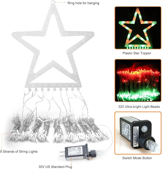Christmas Lights Outdoor, 320 LED 8 Light Modes Outdoor Christmas Decorations, Plug-in Waterproof Christmas String Lights for Yard, Garden, Party, Holiday, Xmas Decor - Red & Green