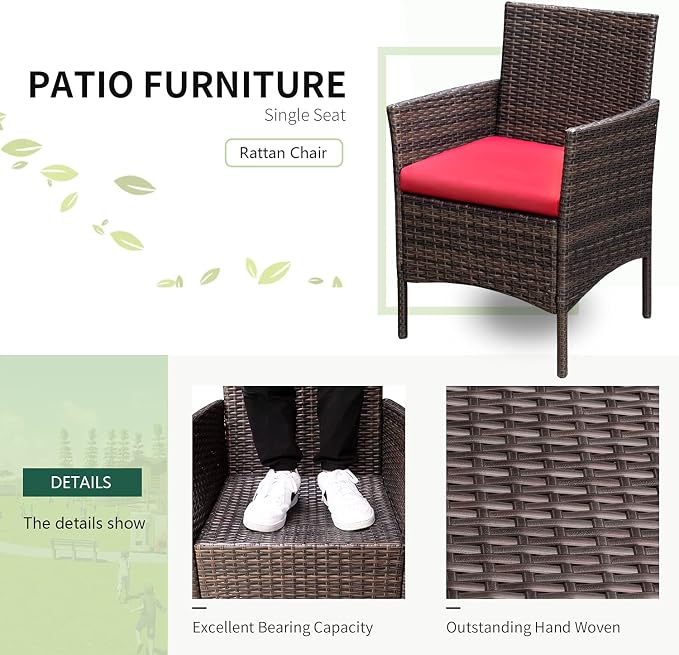 Greesum 3 Pieces Patio Furniture Sets Outdoor PE Rattan Wicker Chairs with Soft Cushion and Glass Coffee Table for Garden Backyard Porch Poolside, Brown and Red