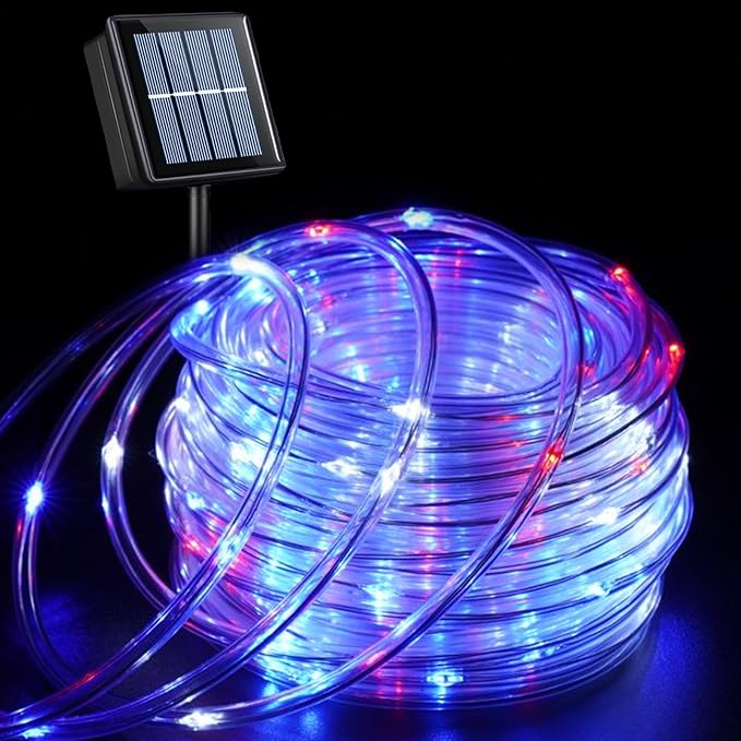 QITONG Red White Blue Solar Rope Lights, 66ft 200 LED 4th of July String Lights, 8 Modes Fairy Lights in Clear Thin Tube for Patriotic Independence Memorial Day Decor