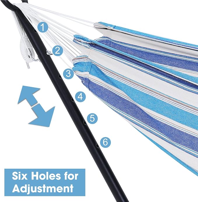 550lbs Capacity Double Hammock Adjustable Hammock Bed with 10ft Heavy Duty Steel Stand Includes Portable Carrying Case, Easy Set up Rainbow Stripe C