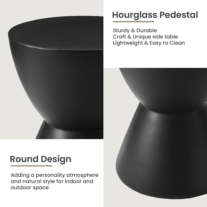 HOMPUS Outdoor Side Table Hourglass Shaped, Concrete End Table, Round Drum Patio MgO Coffee Lightweight Table, Modern Garden Planter Stand for Indoor Outdoor Use, Black