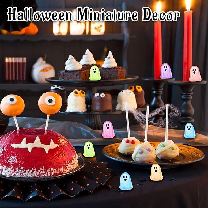 84 Pcs Halloween Luminous Mini Resin Ghost Figures Glow in the Dark Tiny Little Ghost Statue Miniature Figurines for Halloween Crafts Vase Filler Micro Landscape Fairy Garden Party Decor
