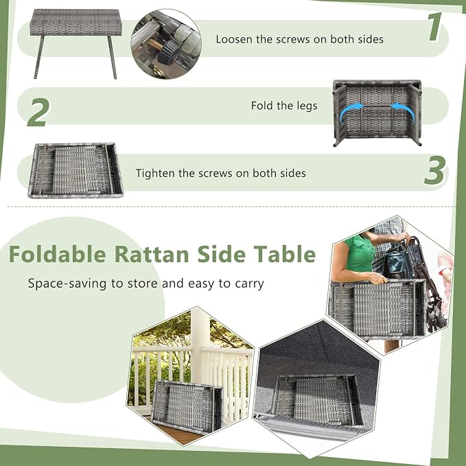 Outdoor Side Table for Patio, Folding PE Rattan End Table with Metal Frame, Portable Wicker Coffee Table for Garden Porch Balcony Deck Poolside (Grey)