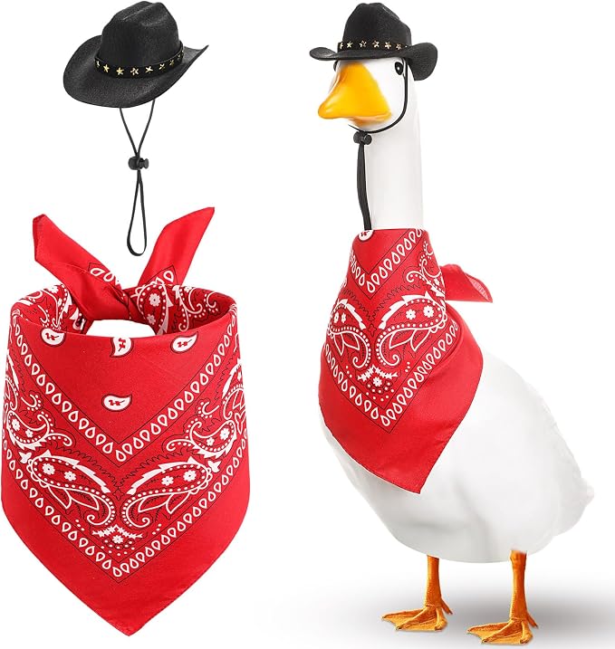 Shyyween Western Cowboy Porch Goose Outfits for 23"/ 17'' Lawn Cement Goose Statue Clothes Cowboy Hat with Bandana Scarf(Black, Red)