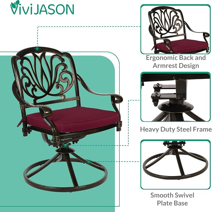VIVIJASON 9-Piece Patio Furniture Dining Set, All-Weather Cast Aluminum Outdoor Conversation Set, Include 8 Swivel Dining Chairs and an Oval Table with Umbrella Hole for Garden Backyard, Red Cushion