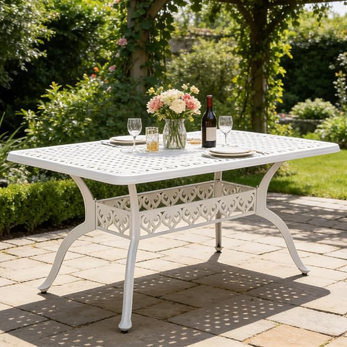 MEETWARM Outdoor 60" Rectangular Patio Dining Table, All Weather Cast Aluminum Large Patio Furniture Table Fits for 6-8 Person with 2" Umbrella Hole, White