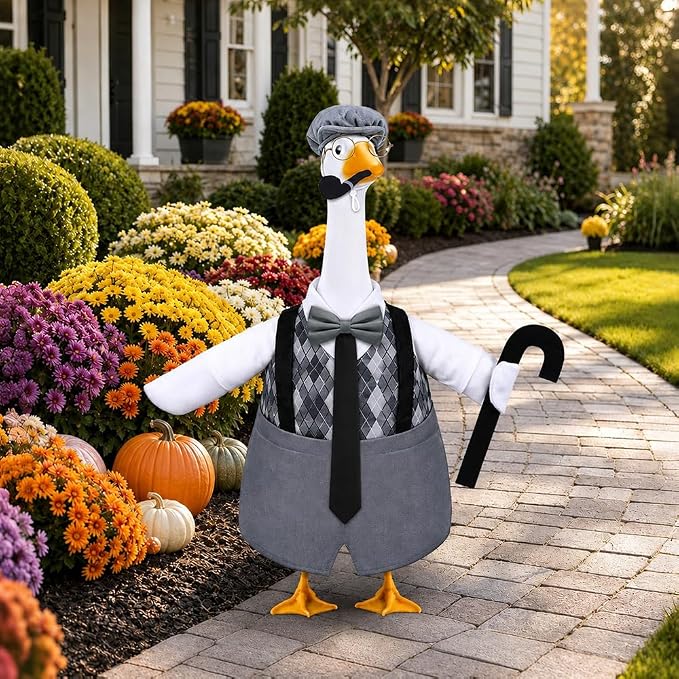 Celltestria Old Man Goose Outfits Grandpa Goose Costume Black Gray Plaid Geese Clothes with Walking Stick Pipe for 23'' Geese Holiday Outdoor Lawn Patio Yard Garden Decor