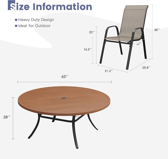 VICLLAX Round Patio Dining Set for 10, Metal Slatted Patio Table with Umbrella Hole and Stackable Patio Chairs for Deck Lawn Garden, Brown Fabric and Walnut Tabletop